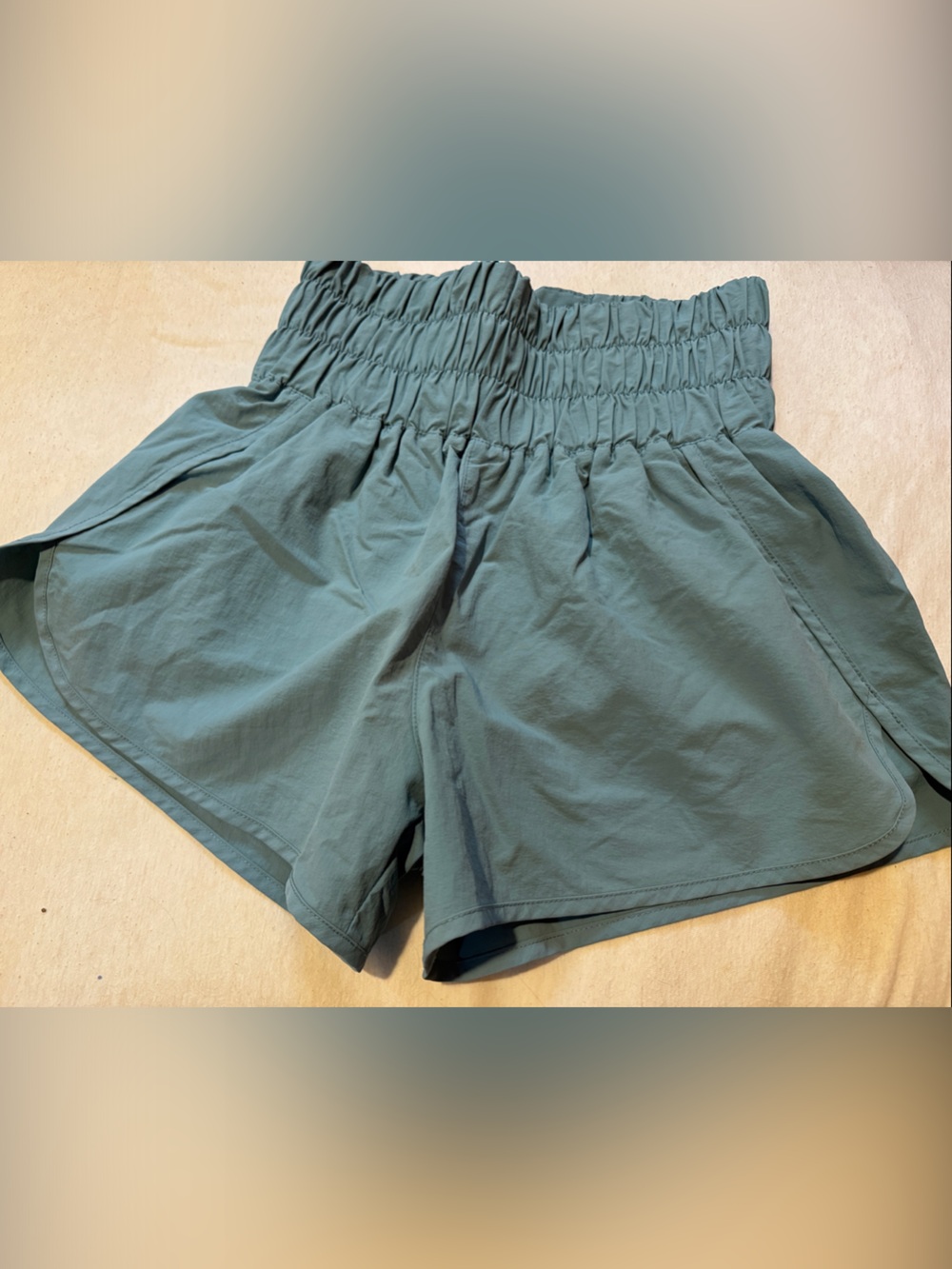Smocked Waist High-Waist Shorts in Dusty Teal